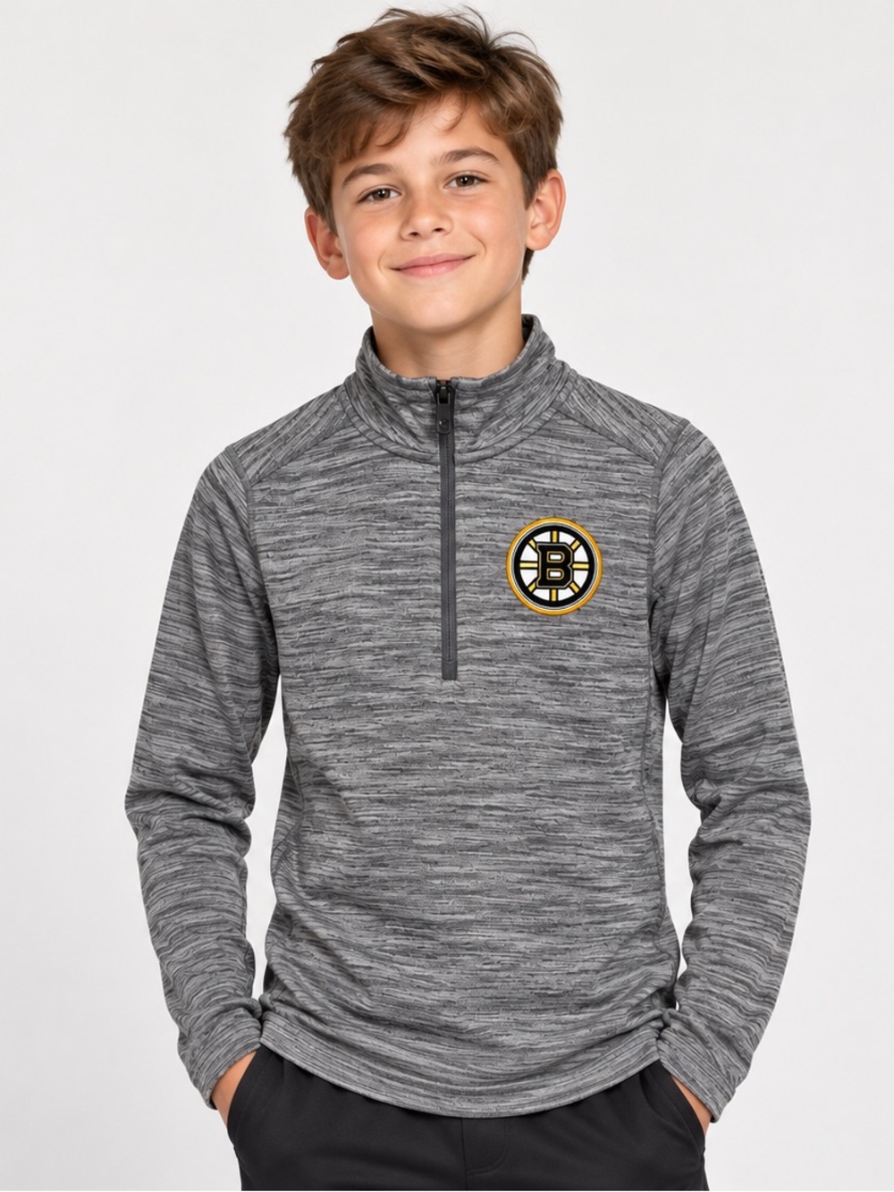 NHL Boston Bruins Youth M 10/12 Heather Grey Quarter Zip Pullover